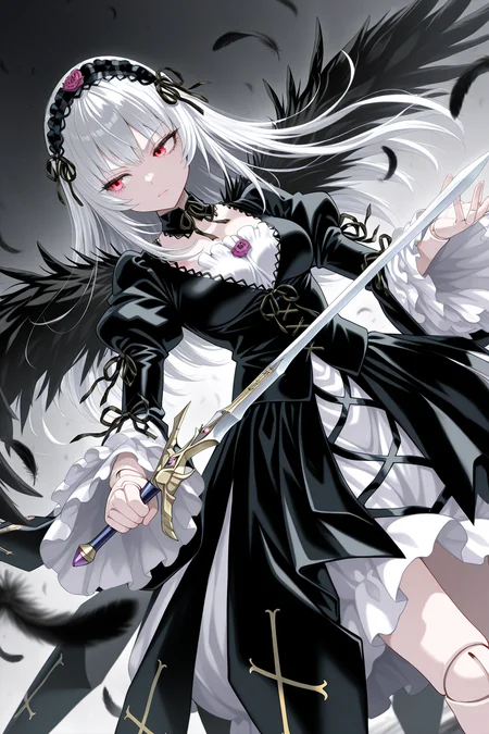 1girl, SuigintouRozenMaiden,
general, solo, dutch angle,
long hair, white hair, red eyes,
eyelashes, doll joints, pale skin,
black hairband, detached collar, black ribbon, black dress,
breasts, cleavage,
frilled sleeves, cross print,
black wings,
looking away, serious, holding sword, winged sword,
black theme, black feathers,
<lora:kp_SuigintouRozenMaidenIllustrious_v1_0:1.0>,
masterpiece, best quality, amazing quality