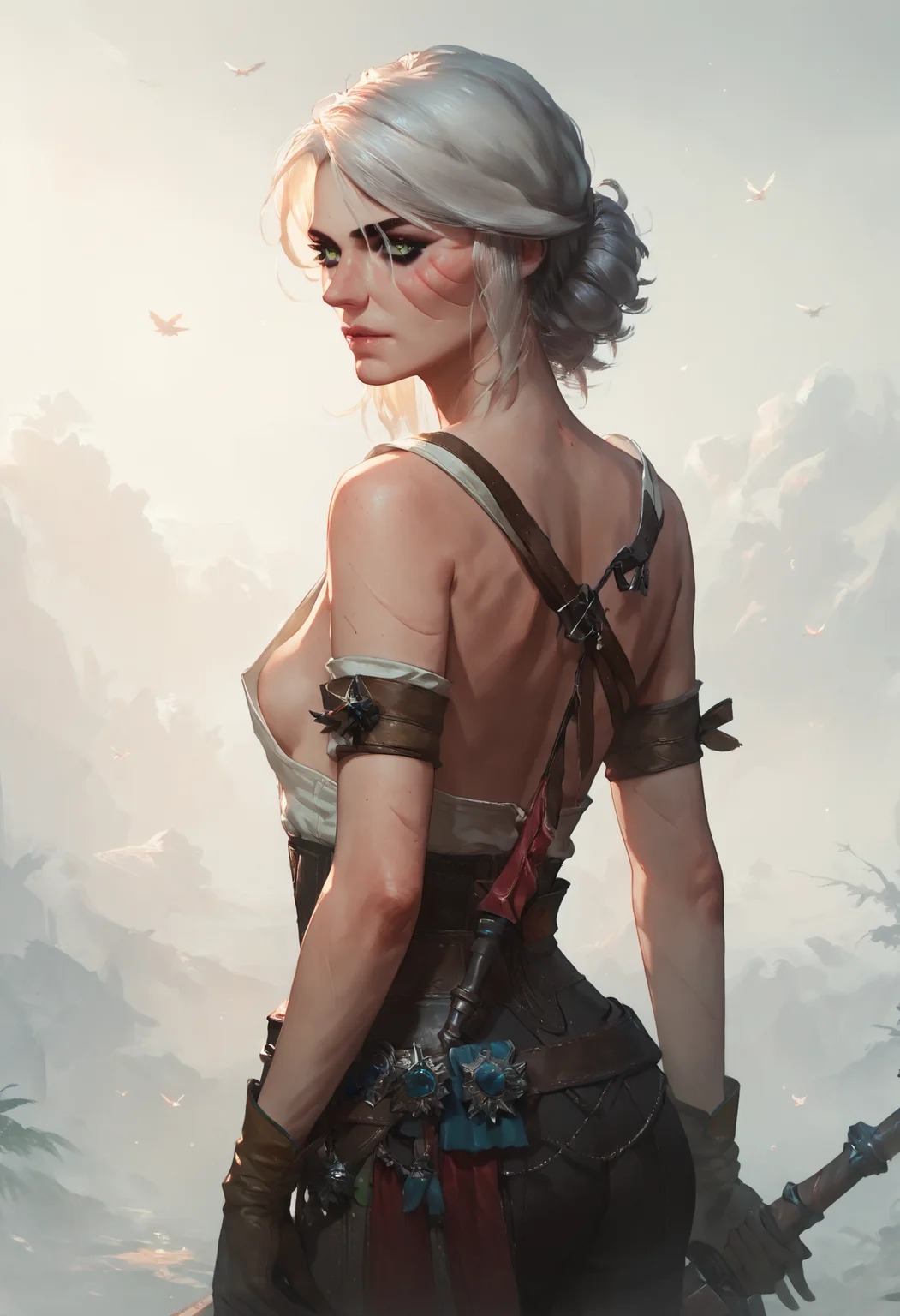 score_9, score_8_up, score_7_up, 1girl, ciri_w3, small perky breasts, boob flash, <lora:ciri_pony_sdxl:0.7>, <lora:Concept Art Style SDXL_LoRA_Pony Diffusion V6 XL:0.8>, concept art