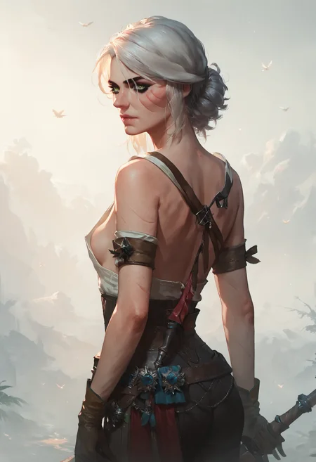 score_9, score_8_up, score_7_up, 1girl, ciri_w3, small perky breasts, boob flash, <lora:ciri_pony_sdxl:0.7>, <lora:Concept Art Style SDXL_LoRA_Pony Diffusion V6 XL:0.8>, concept art