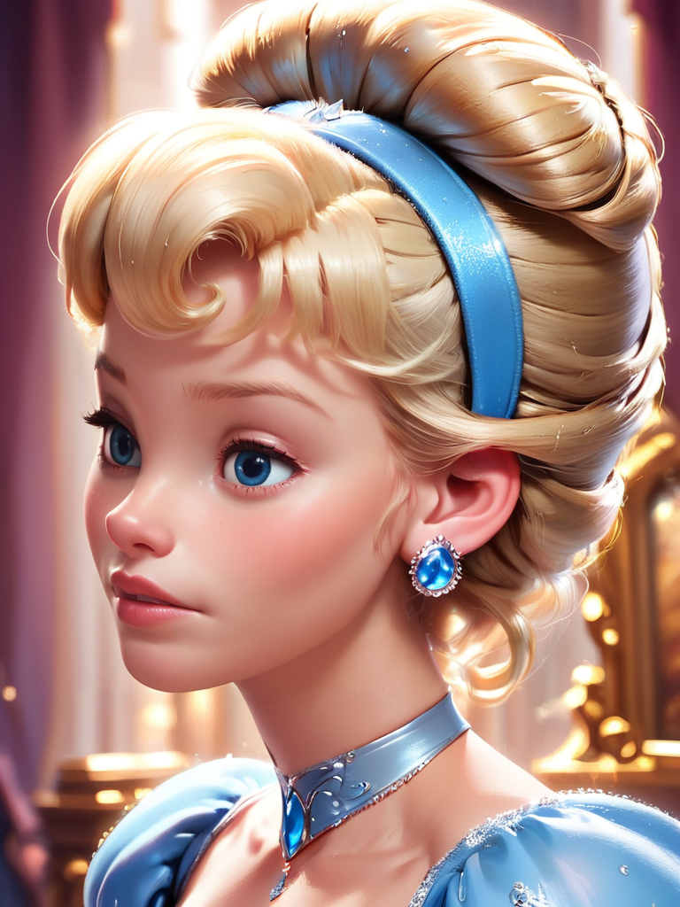 score_9, score_8_up, score_7_up, princess dress, cinderella, A close-up portrait of a woman with blonde hair styled in an elegant updo, 1girl, solo, blue eyes, jewelry, upper body, choker, lips, eyelashes, blue hairband,   
 <lora:princess_rc_pony_v2:1>