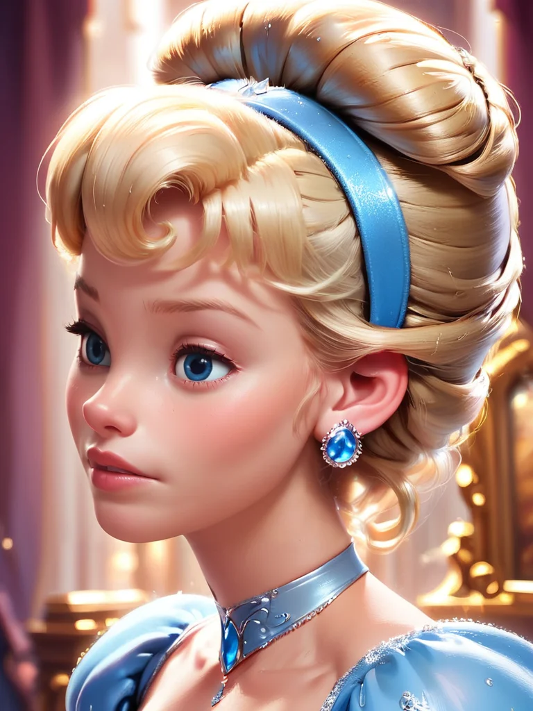 score_9, score_8_up, score_7_up, princess dress, cinderella, A close-up portrait of a woman with blonde hair styled in an elegant updo, 1girl, solo, blue eyes, jewelry, upper body, choker, lips, eyelashes, blue hairband,
<lora:princess_rc_pony_v2:1>