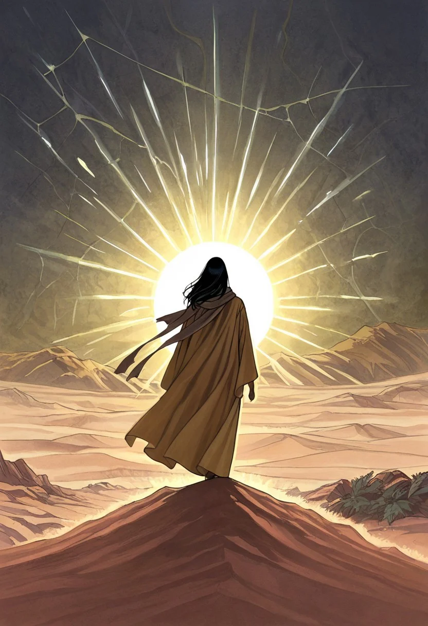 masterpiece, best quality, amazing quality, a scene from an Izayoi Seishen doujinshi, A richly textured oil portrait of a desert-born dryad—voluptuous, weather-kissed, and cloaked in wild serenity. She stands in profile before a crumbling desert ruin portal, the long train of her repurposed noblewoman’s gown pooling around her feet. Over it she wears a robe of sun-bleached fronds, shaped like a cloak of woven palm and wind. Her gaze is distant, dreamy, as if listening to an old song carried on sand. Her hair is wrapped in a sun-faded scarf, edges catching the breeze, and her full form bears the golden warmth of the dune’s embrace. Fine gold dust sparkles along her hairline, and she holds a ribbon-bound scroll in one hand. Behind her, desert vines force their way through the cracked stone wall, nature reclaiming what was once lost. She is the Harvest Maiden—keeper of ancient seeds, and the secret prayer beneath every breath of dust-laced wind.