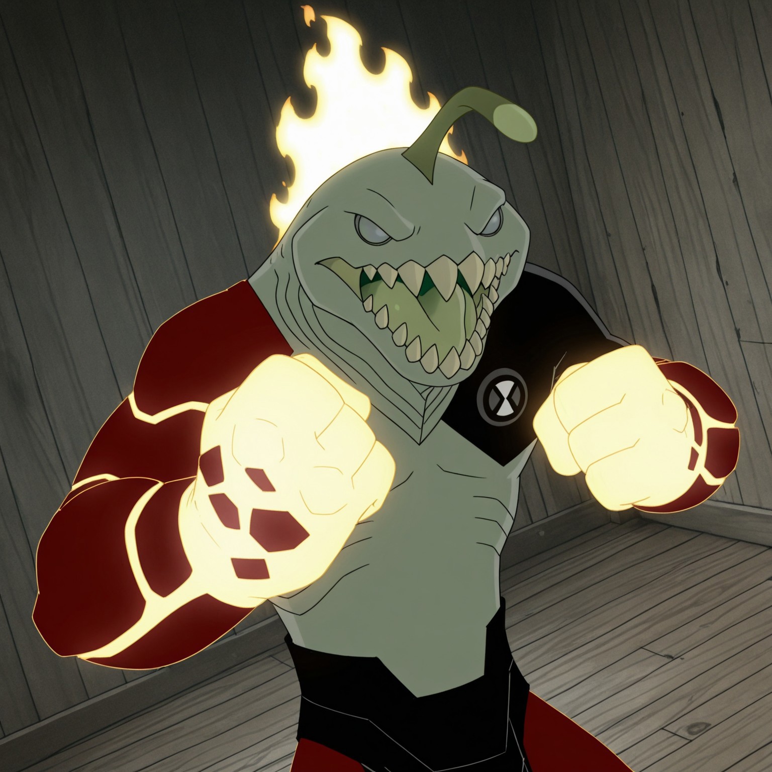 8k, uncensored, masterpiece, best quality, highly detailed, realistic, 1boy, solo, HeatJaws, furry, anthro, marine, amphibian, fire elemental, hybrid, esca, (light-grey sclera, no pupils), gills, light-green body, sharp teeth, big teeth, olive-green tongue, red arms, glowing hands, red legs, black shoulder pad, black waistwear, upper body, open mouth, (looking at viewer, standing, wooden floor, grey wood, wooden wall, simple background, front view, ((4 fingers, clenched fists, fighting pose)), (angry, front view), fire, fire on back, dutch angle