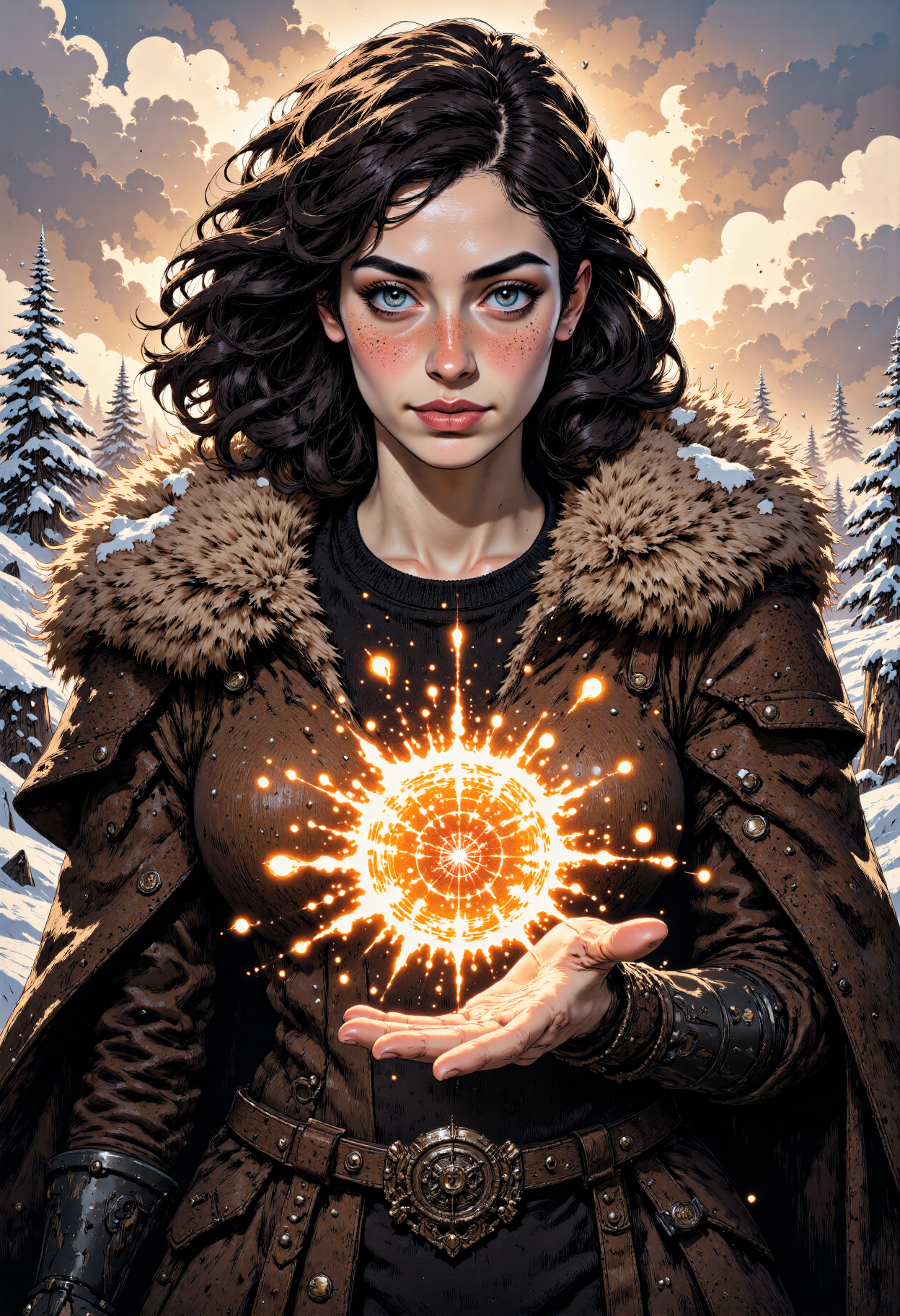 MysticComic, in this breathtaking, cinematic image, a striking young woman, her long, curly brown hair wild and unkempt, stands amidst a snowy battlefield, her piercing green eyes ablaze with intensity. She wears a luxurious, brown fur cloak, intricately adorned with silver brooches, cinched at the waist with a sturdy leather belt. Her gaze is fixed intently on a glowing, fiery orb, which she cradles in her outstretched hand.  As she raises her palm, the orb erupts into a blaze of fiery sparks, casting a warm, golden light across the frozen landscape. Snowflakes dance around her, their delicate forms illuminated by the fiery glow. The woman's face is set in a determined expression, her full lips pressed into a firm line.  The camera angle is a close-up, capturing the woman's face and the fiery orb in intimate detail. The lighting is soft and golden, with the fiery sparks casting a warm, orange glow across the scene. The style is reminiscent of a fantasy film, with a sense of epic scope and adventure. The woman's attire and the fiery orb suggest a world of magic and wonder, where the boundaries between reality and myth blur.<lora:CustomFlux/MysticComic-v2.safetensors:1.0:1.0>
