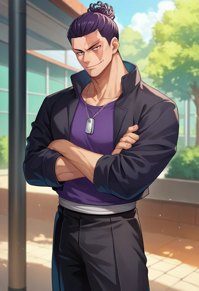 score_9, score_8_up, score_7_up, source_anime, solo, male focus, 1boy, todo aoi, muscular, scar, smirk, looking at viewer, crossed arms, school uniform, black jacket, purple shirt, black pants, dog tags <lora:jjk_aoitodo_ponyXL:1>