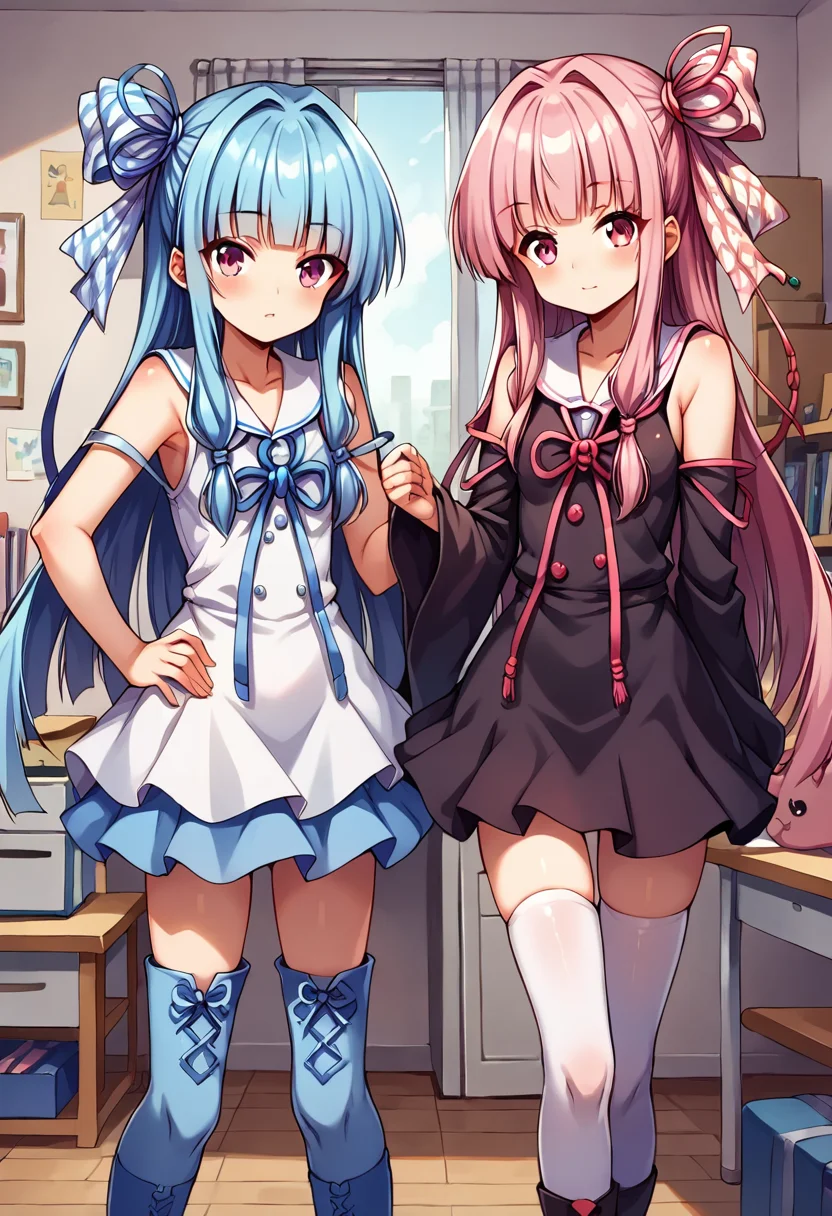 score_9, score_8_up, score_7_up, source_anime, BREAK
2girls, sisters, kotonoha aoi, blue hair, black dress, kotonoha akane, pink hair, white dress,
<lora:Kotonoha_MMD_Pony_V1:0.85>KotonohaMMD, pink eyes, long hair, bangs, blunt bangs, sidelocks, very long hair, hair intakes,hair ribbon, ribbon, hair ornament, hair tie, yagasuri,
dress,sleeveless, bare shoulders, collared dress, wide sleeves, long sleeves,
zettai ryouiki, thighhighs, thighhighs under boots, knee boots,
(upper body,t:1.5),window, television, computer, chair, table,