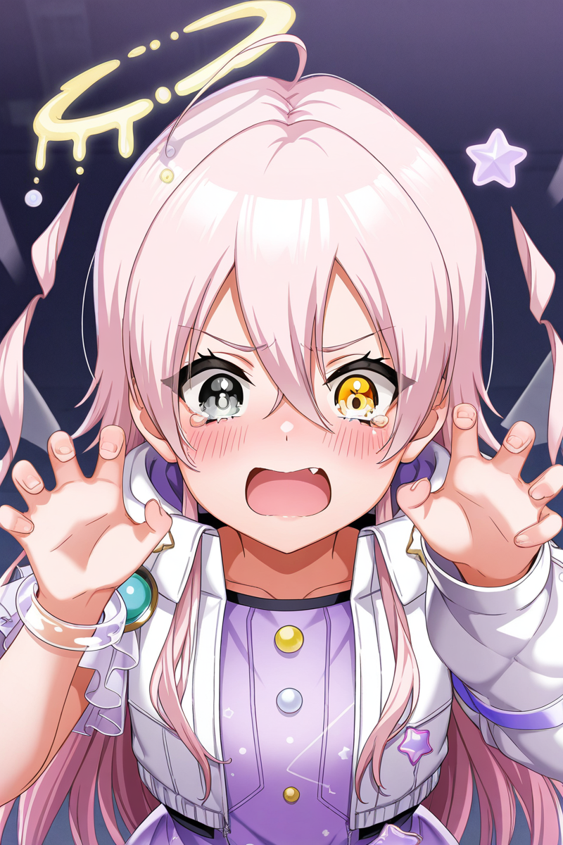masterpiece, best quality, amazing quality,
 <lora:Lumina_IL:1> lumina, 1girl, pink hair, heterochromia, long hair, open mouth, jacket, blush, yellow eyes, solo, hair between eyes, tears, white jacket, halo, fang, bangs, jewelry, grey eyes, upper body, star (symbol), bracelet, claw pose, dress, ahoge, cosidlsk