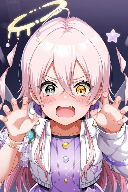 masterpiece, best quality, amazing quality,
<lora:Lumina_IL:1> lumina, 1girl, pink hair, heterochromia, long hair, open mouth, jacket, blush, yellow eyes, solo, hair between eyes, tears, white jacket, halo, fang, bangs, jewelry, grey eyes, upper body, star (symbol), bracelet, claw pose, dress, ahoge, cosidlsk