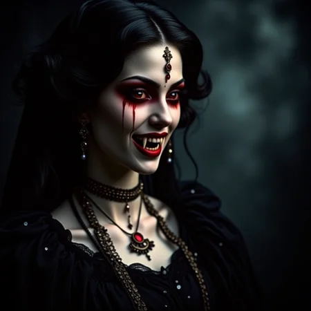 analog film photo Here is a curated set of artistic, dark fantasy portrait prompts featuring vampires and their ghoul servitors throughout history, captured with a focus on aesthetic beauty, red eyes, and pronounced fangs. Each scene is richly detailed, grounded in historical and stylistic context, and composed with painterly lighting and analog-inspired sensibilities. The tone leans more toward haunting elegance and artistic mystique than overt horror or fantasy spectacle.
These are designed for 3/4 and half-body portraits, all with cinematic lighting, expressive poses, and timeless analog moodâa blend of Baroque portraiture, decay, and opulence. <lora:undead denizens v2.2:1> . faded film, desaturated, 35mm photo, grainy, vignette, vintage, Kodachrome, Lomography, stained, highly detailed, found footage