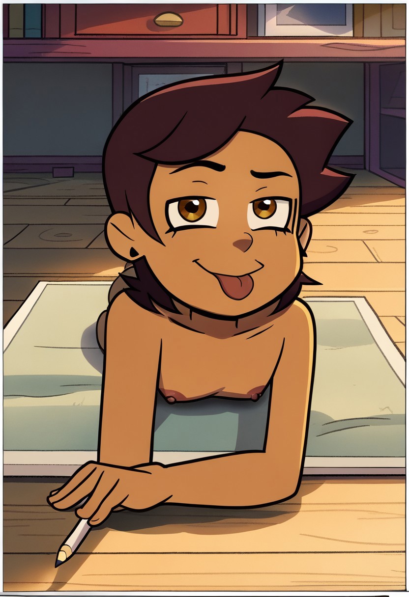 deadinsidestyle, 1girl, solo, chl, tongue poking out, laying on stomach, on the floor, drawing with pencil, concentrating, inside, on carpet, wooden home, red lounge in background,