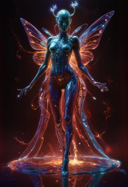 Glo-fi Art Style, Dark Fantasy Art, ethereal fantasy concept art of neonpunk style (full body shot, bilaterally symmetrical:1.6)
BREAK
(bioluminescent, vibrant, erosion-patterned galaxy aesthetics, glass-like (transparent body revealing intricate titanium bone structure:1.45), vivid bioluminescent blood vessels, effervescent internal bubbles, tornado-like swirls, chaotic nebula-inspired light sources, swirling cosmic colors, elegant dress, azure butterfly wings:1.3), slimwoman female figure, (upbeat facial expression:1.32), (dynamic bound with glowing fiberoptic wiring, bdsm, nsfw pose:1.5), small perfect hands, small petite breasts, bioluminescent transparent feet, glowing veins, fluttering azure butterflies. (setting sun:1.05) . cyberpunk, vaporwave, neon, vibes, vibrant, stunningly beautiful, crisp, detailed, sleek, ultramodern, magenta highlights, dark purple shadows, high contrast, cinematic, ultra detailed, intricate, professional . magnificent, celestial, ethereal, painterly, epic, majestic, magical, fantasy art, cover art, dreamy, dark, moody, dark fantasy style, dynamic, dramatic, vibrant colors, glo-fi art style <lora:Bio-Luminescence:.86> <lora:Perfect Hands v2:1> <lora:age:-2> <lora:add-detail-xl:1> <lora:slimwoman_v2:.65> <lora:ahxl_v1:.35>