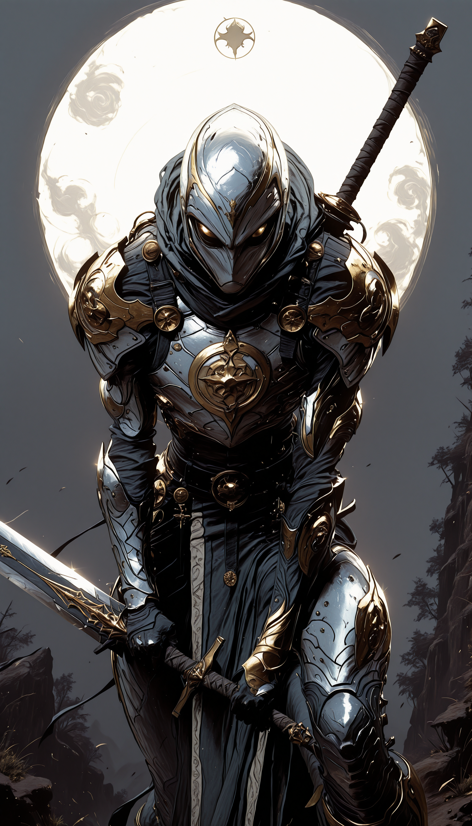 holding weapon, fighting stance, holding  buster sword,huge weapon,, WCG-Illu,, kaarea masterpiece, best quality, high quality, ultra-detailed, realistic,  traditional media, vivid_color, high contrast, speed lines, move_effects, action Create a detailed digital artwork of an armored figure, likely a superhero, set against a dark, smoky background. The armor is intricately designed with a combination of silver and gold hues, featuring ornate patterns and motifs. The helmet is sleek, with a white visor that obscures the eyes, adding an element of mystery. The figure's pose is assertive, with one arm extended forward, showcasing the armor's design. The overall style of the image leans towards a fantasy or historical theme, emphasizing the armored nature of the character. solo, looking_at_viewer, 1boy, standing, male_focus, grey_background, armor, helmet, shoulder_armor, gauntlets, pauldrons, breastplate, knight, full_armor,    holding weapon, fighting stance, holding  buster sword,huge weapon,, WCG-Illu,, kaarea