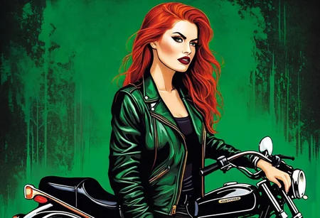 detailxl, high quality, artistic-strokes-style,
(dark artistic blank background:1.3)
(full body shot, looking at viewer, angry, dark:1.4),
a biker with short, fiery red hair, eyes as green as emeralds, glowing with determination and a free spirit. Her face is dotted with freckles, each one a mark of the roads traveled and the adventures lived. She wears a black leather jacket, unzipped, teasing a glimpse of sensuality as her chest subtly reveals itself, without losing that rebellious, wild edge. She straddles her motorcycle, a beast of metal that seems like an extension of her body, ready to devour the road with the same passion she pours into her life