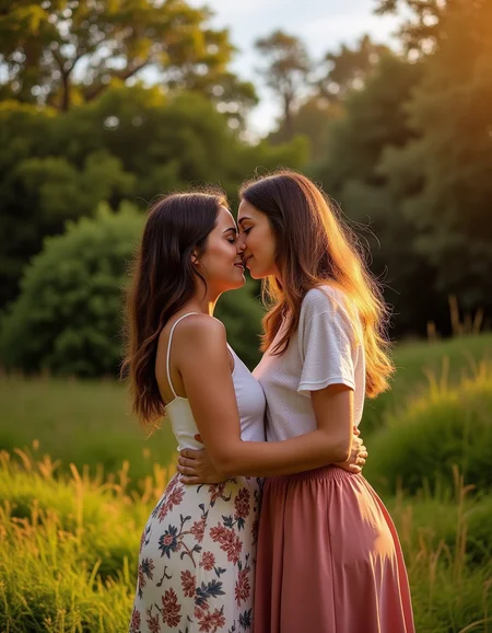 safe_pos,<lora:Lesbian Lovers (Flux):1>,two woman standing in a garden in a loving embrace on a warm summers day,