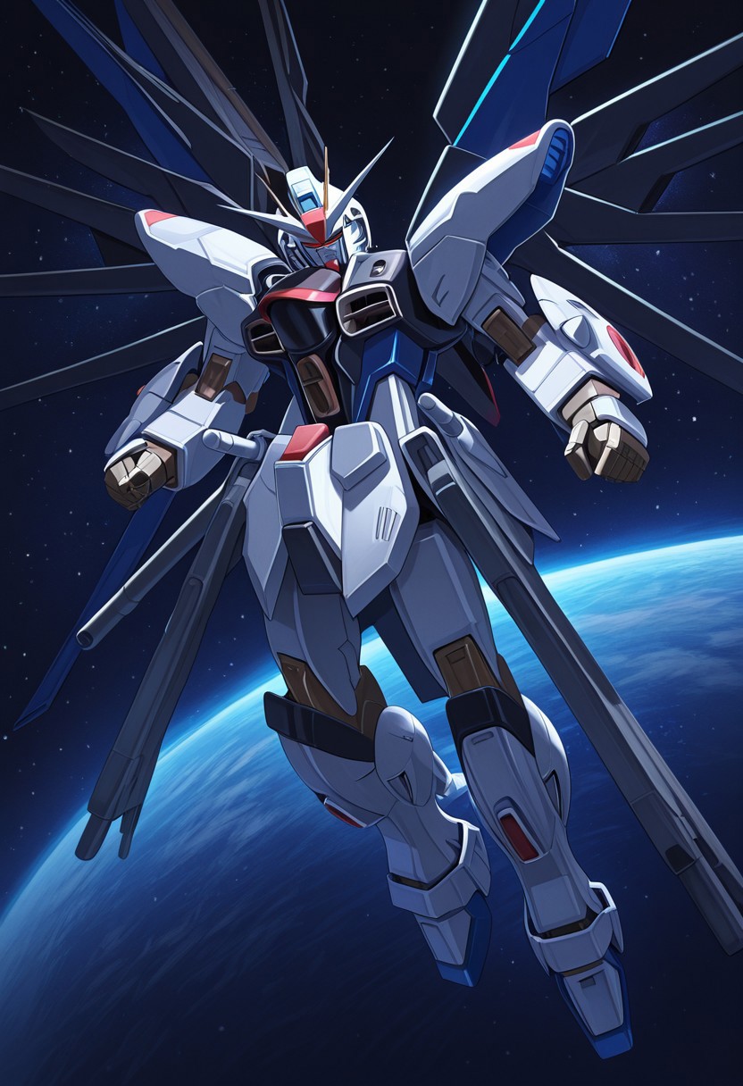 score_9, score_8_up, score_7_up, score_6_up, score_5_up, score_4_up, 4k quality, detailed, (strike freedom, gundam, mecha), best quality, masterpiece,  floating in space
