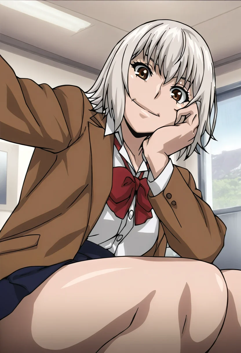 masterpiece, best quality, newest, absurdres, very aesthetic, illustration, hitomiuzaki, 1girl, smile, shirt, red bowtie, blue skirt, brown jacket, indoors, <lora:hitomiuzaki-illu-v2:0.8>