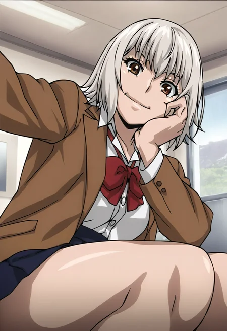 masterpiece, best quality, newest, absurdres, very aesthetic, illustration, hitomiuzaki, 1girl, smile, shirt, red bowtie, blue skirt, brown jacket, indoors, <lora:hitomiuzaki-illu-v2:0.8>
