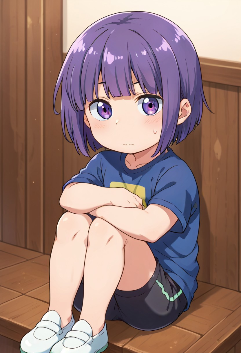 (zPDXL3), 
(zPDXLxxx), 
1boy, 
Shouta Magatsuchi, 
magatsuchi_shouta, 
purple eyes, 
purple hair, 
bob cut, 
blunt bangs, 
shirt, 
short pants, 
chibi, 
short stature, 
shortstack, 
slender, 
embarrassed, 
sitting, 
hugging knees. 
bust up, 
looking at viewer,