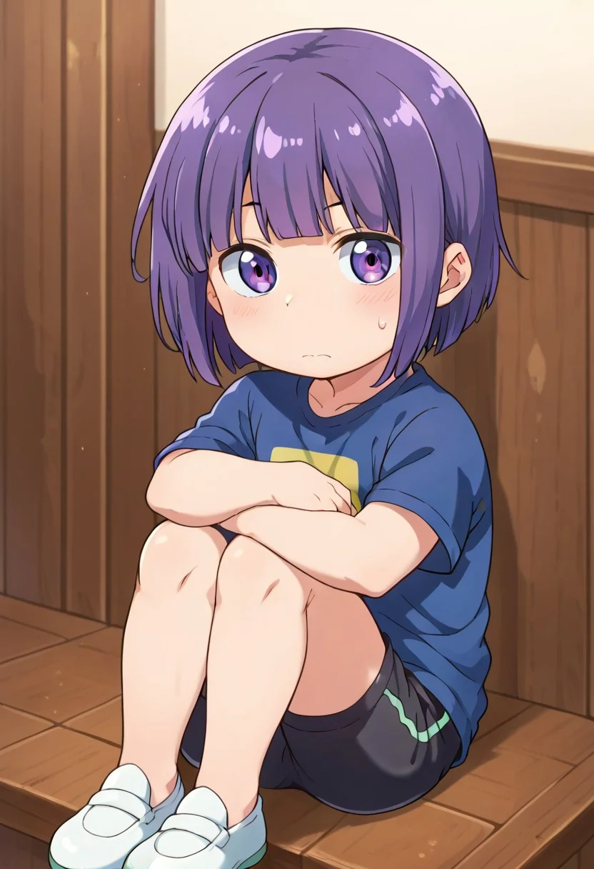 (zPDXL3), 
(zPDXLxxx), 
1boy, 
Shouta Magatsuchi, 
magatsuchi_shouta, 
purple eyes, 
purple hair, 
bob cut, 
blunt bangs, 
shirt, 
short pants, 
chibi, 
short stature, 
shortstack, 
slender, 
embarrassed, 
sitting, 
hugging knees. 
bust up, 
looking at viewer,