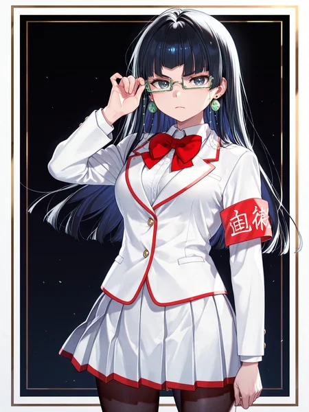 siiqa vivi, shuri (84k) <lora:Kuroko2XL:1> Kuroko_YS, 1girl, long hair, black eyes, whit, white school uniform, red bowtie, red armband, pleated skirt, green glasses, earrings, eyewear strap, solo, serious, blunt bangs, 
masterpiece, best quality, amazing quality, very aesthetic, absurdres, newest, lazypos, medium breasts, gradient background, <lora:retrocute:1>, inset border, cowboy shot, looking at viewer, adjusting eyewear,  <lora:cfg_scale_boost:0.9>, black pantyhose, simple background,