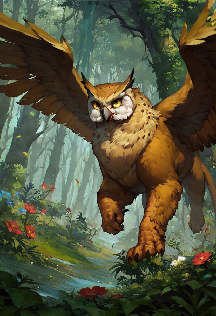 score_9, score_8_up, 8, score_7_up, score_6_up, solo,  owl head, beak, quadruped yellow bear, gryphon, wings, rushing in the lush green forest, dutch angle, flowers, colorful