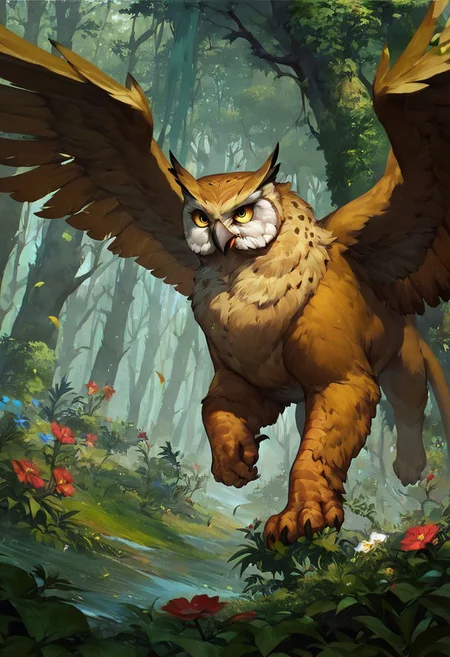 score_9, score_8_up, 8, score_7_up, score_6_up, solo,  owl head, beak, quadruped yellow bear, gryphon, wings, rushing in the lush green forest, dutch angle, flowers, colorful