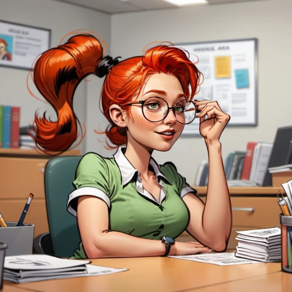 comic 1girl, solo, round glasses, freckles, redhead, ponytail, in an office <lora:MlleJeanne1024-step00000800:0.8> . graphic illustration, comic art, graphic novel art, vibrant, highly detailed