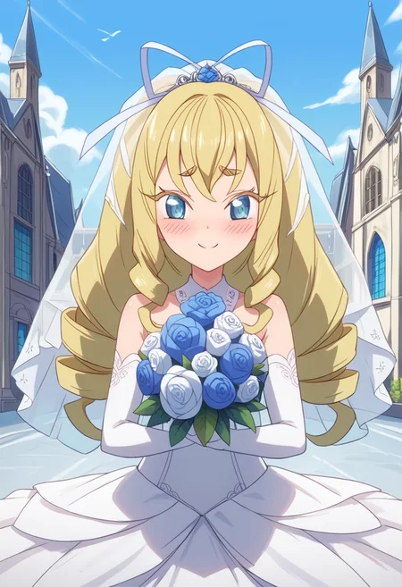 score_9, score_8_up, score_7_up, score_6_up, score_5_up, BREAK
jplaura, blonde hair, long hair, blue eyes, hair ribbon, drill hair, closed mouth, thick eyebrows, smile, blush, wedding dress, wedding veil, blush , embarrassed, bouquet, church