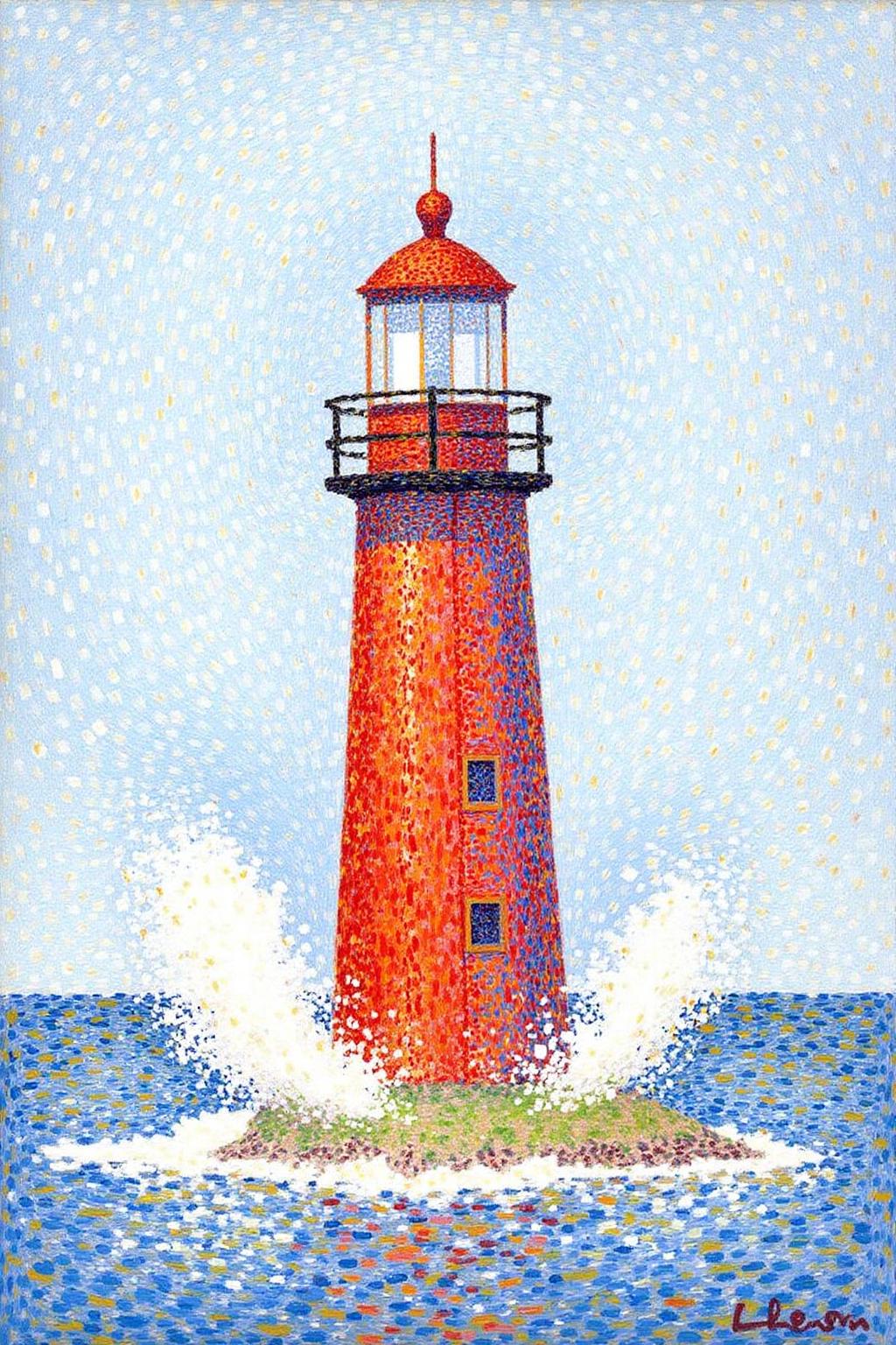 geoseu1 pointillist painting.
a red lighthouse on a small island in the middle of a body of water. The lighthouse is painted in shades of red, with a black railing around the top of the lighthouse and a white light at the top. The light is surrounded by a blue sky that is filled with white clouds. The water is splashing around the lighthouse, creating a splashing effect on the surface of the water.  <lora:geoseu1_cap_d6a3e12:1.0><lora:821038494186081025:0>