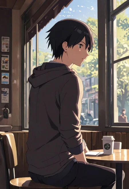 (((masterpiece))), (((best quality))), (((window views))), (((from behind))), (((from side))), Highres, Masterpiece, High Quality, 4K, 8K, solo, 1Boy, Takaki Toono, adult, black hair, short hair, cafe, corner cafe, room corner, corner room, hang out, tables, chairs, sofas, pillows, window views, comfortable, coffee cups, casual wear, small simple necklaces, bracelets, watches, easynegative, detailed_eye_model