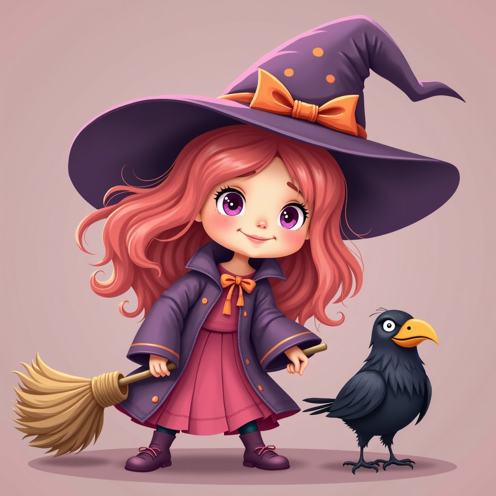 CozySpookyStyle,A cute pink witch sweeping the floor with her broom while her pet raven watches from above