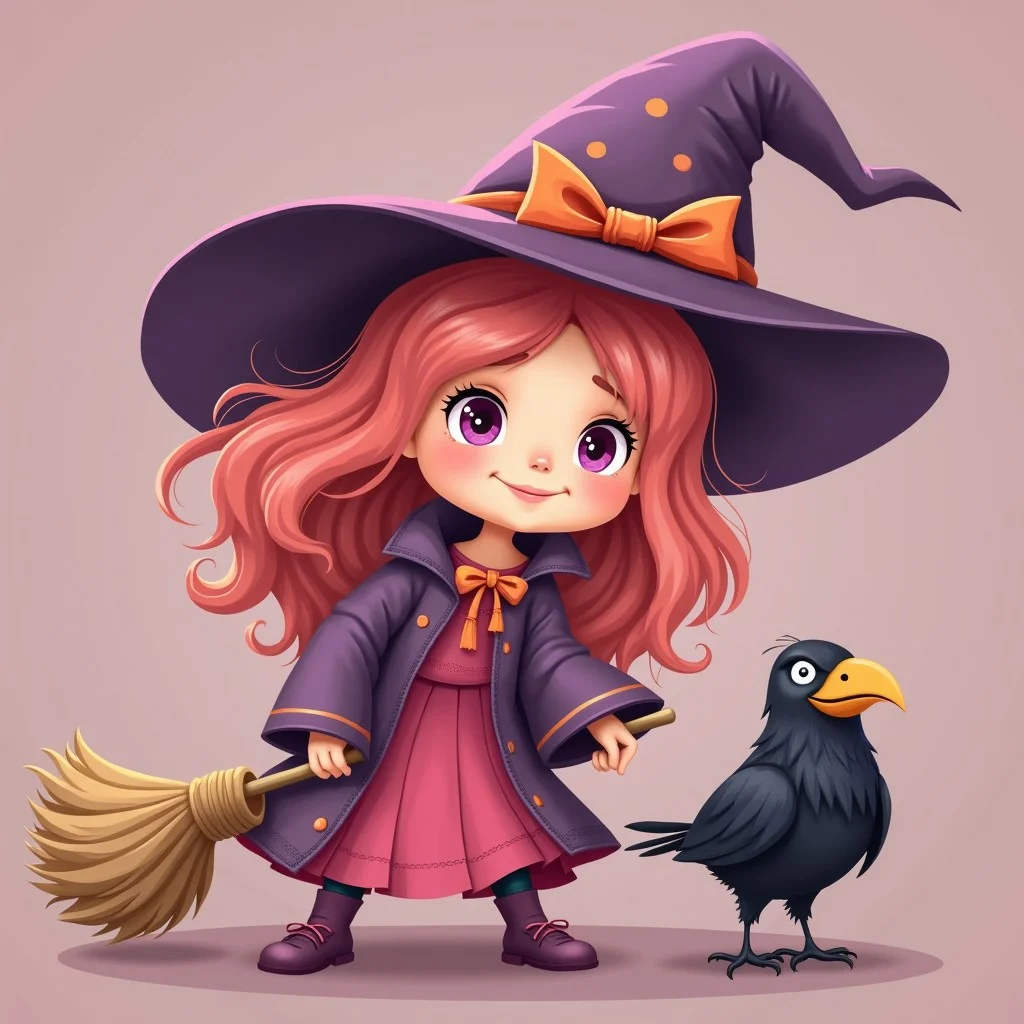 CozySpookyStyle,A cute pink witch sweeping the floor with her broom while her pet raven watches from above