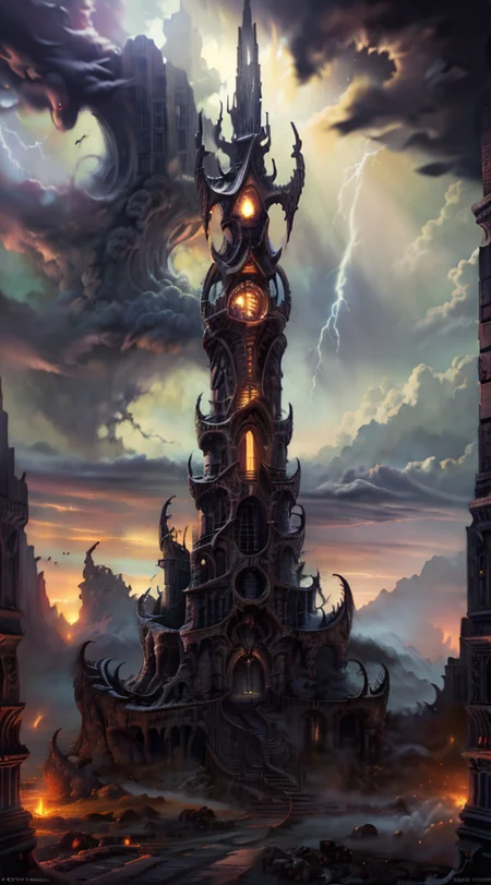 Gothic style, 
Horror-themed, 
Masterwork Painting, Magnum Opus, 
HDR photo of 
 <lora:Wizard_Tower-10:0.75> witow, castle, cloud, cloudy sky, grass, no humans, scenery, sky, tower, tree, 
 <lora:locon_conceptlightning_v1_from_v1_64_32:1> lghtnngprsn, lightning, storm 
<lora:Hell2_v1.0:0.8> demonic, creatures, fire, city, creepy, lava, volcano, castle,
. High dynamic range, vivid, rich details, clear shadows and highlights, realistic, intense, enhanced contrast, highly detailed,
  highres, 8k, uhd, High Dynamic Range, tonemapping, crisp details,  intricate details, fine details,
. Eerie, unsettling, dark, spooky, suspenseful, grim, highly detailed,
. Dark, mysterious, haunting, dramatic, ornate, detailed