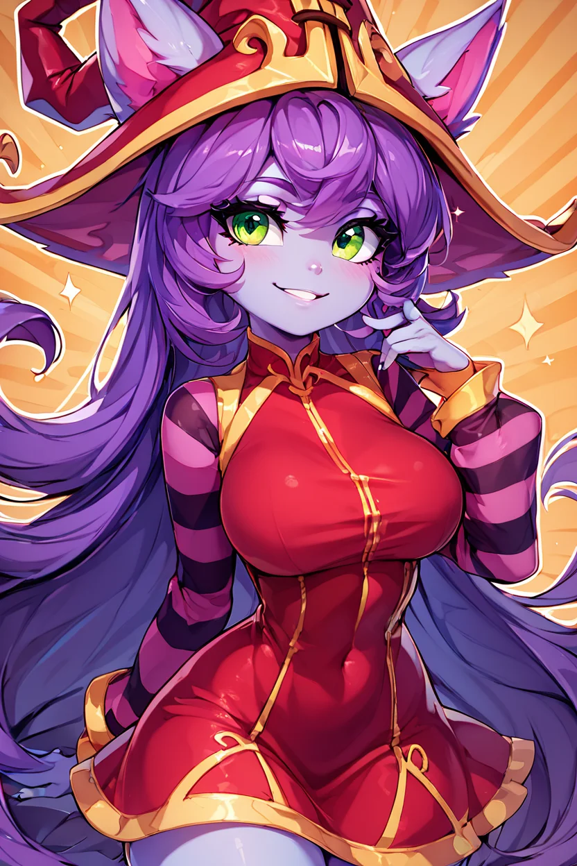 score_9, score_8_up, score_8, (big breasts), (curvy), cute, eyelashes, BREAK, , <lora:LuluLeagueoflegendsPDXL:0.8>, zzLulu, long hair, bangs, animal ears, green eyes, purple hair, colored skin, purple skin, long sleeves, hat, dress, red dress, red headwear, ears through headwear, striped sleeves, yordle,, BREAK, smile, looking at viewer, abstract background, white outline, cowboy shot, embedding:zPDXL, Expressiveh, <lora:CatalystStylePDXL:0.6>, <lora:SDXLFaeTastic2400:0.5>, <lora:Expressive_H-000001:0.4>,