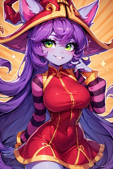 score_9, score_8_up, score_8, (big breasts), (curvy), cute, eyelashes, BREAK, , <lora:LuluLeagueoflegendsPDXL:0.8>, zzLulu, long hair, bangs, animal ears, green eyes, purple hair, colored skin, purple skin, long sleeves, hat, dress, red dress, red headwear, ears through headwear, striped sleeves, yordle,, BREAK, smile, looking at viewer, abstract background, white outline, cowboy shot, embedding:zPDXL, Expressiveh, <lora:CatalystStylePDXL:0.6>, <lora:SDXLFaeTastic2400:0.5>, <lora:Expressive_H-000001:0.4>,
