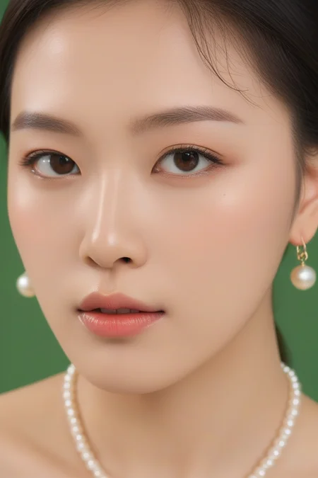 a close up of a woman, shinji aramaki, korea style makeup, beauty campaign, richly defined face, green background, earrings, pearl necklace, dewy skin, products shot,