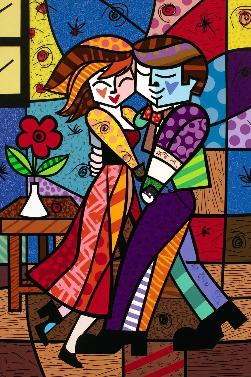 romeb1 illustration.
A couple dancing. On the left is a small table with with a vase with a single red flower in it. <lora:romeb1_cap_d6a3e12:1.0><lora:829125415093256198:0>