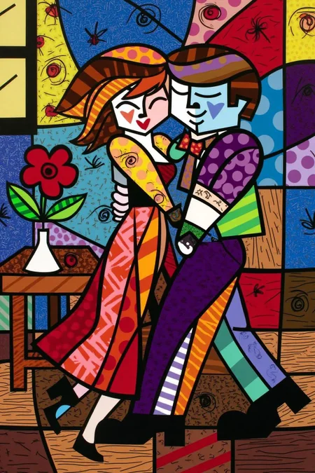 romeb1 illustration.
A couple dancing. On the left is a small table with with a vase with a single red flower in it. <lora:romeb1_cap_d6a3e12:1.0><lora:829125415093256198:0>