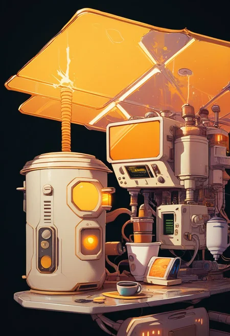 score_9, score_8_up, score_8, zPDXL,
BREAK,
scifi, citronLegacy, (coffee machine), coffee beans, cup, no humans, glowing, battery, cylinder, black background, yellow glow