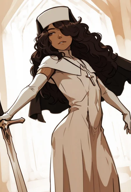 nhl-001, <lora:carlini_illustrious:0.8>, Carlini, dark skin, brown hair, long hair, hair over one eye, brown eyes, habit, nun , nun dress, elbow gloves, sexy pose, dynamic pose,, cinematic, limited palette, realistic, sketch masterpiece, best quality, amazing quality, very aesthetic,
greatsword, huge weapon,
multicolored background, orange-white theme