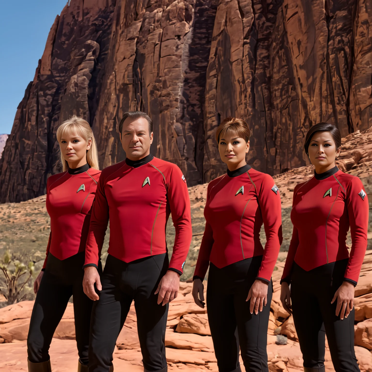 (Cinematic Still:1.1) of  (Star Trek Redshirt Crew:1.1) standing in front of a red rock canyon, detailxl, (bright and sunny:1.2), (volumetric lighting:1.2), (subsurface scattering:1.2) <lora:real-humans-PublicPrompts:0.8> <lora:JuggerCineXL2:0.8>  <lora:Mojave_Desert_LoRAXL:0.8> <lora:skin texture style v4:0.6>