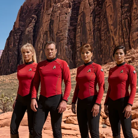 (Cinematic Still:1.1) of  (Star Trek Redshirt Crew:1.1) standing in front of a red rock canyon, detailxl, (bright and sunny:1.2), (volumetric lighting:1.2), (subsurface scattering:1.2) <lora:real-humans-PublicPrompts:0.8> <lora:JuggerCineXL2:0.8>  <lora:Mojave_Desert_LoRAXL:0.8> <lora:skin texture style v4:0.6>