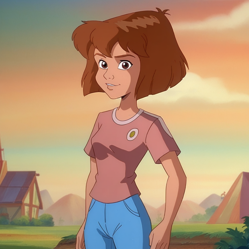 score_8_up, BREAK, BudgieFerngully, 1girl, solo, brown hair, short hair, brown eyes, pink shirt, blue pants,  retro artstyle,  <lora:Budgie_PXL_Leaf1:0.8>, looking at viewer, arms at sides, cowboy shot,