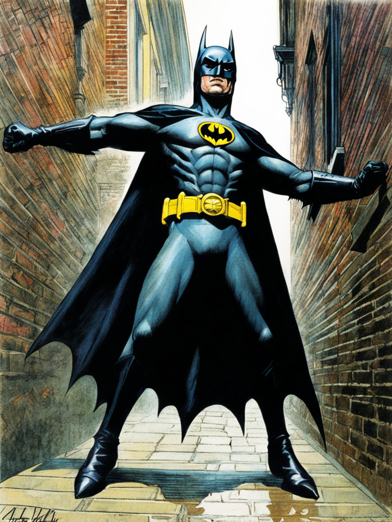 Colour pencil illustration of Batman punching  in a dark Victorian Era London Alleyway by Robert McGinnis <lora:Batman89:0.7>