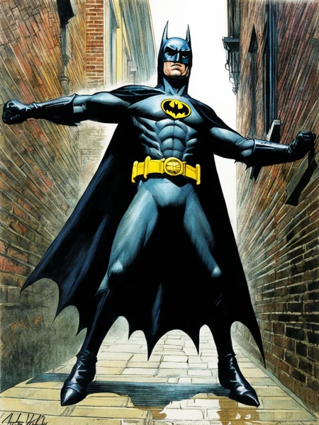 Colour pencil illustration of Batman punching  in a dark Victorian Era London Alleyway by Robert McGinnis <lora:Batman89:0.7>