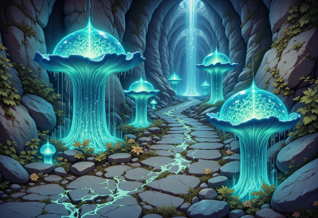 Digital illustration of a stone-paved path bordered by grey ground with luminous circuit patterns invaded by colonies of blue-greenish bone-made otherworldly fungi, pulsing bioluminescence, microscopic detail of spores and filaments, environmental storytelling