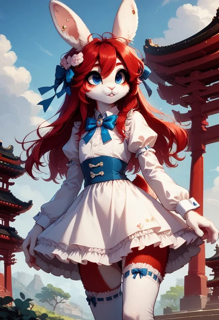 score_9, score_8_up, score_7_up, 
Huggles, 1boy, solo, furry male, rabbit boy, rabbit ears, rabbit tail, red hair, long hair, blue eyes, jyojifuku, dress, frills, ribbon, hair bow, thighhighs, MegaFluffyPony, furry, fluffy,
highly detailed, intricate, zzCitronCAT, outdoors, temple, pagoda