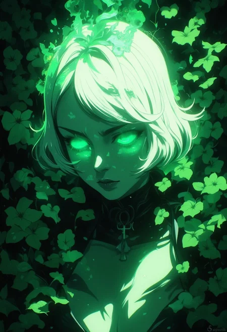 An Acrylic style painting that is expressive, gives it a dynamic and emotional quality. Anime art of a stylized portrait of a woman with a ethereal green mist over her eyes. The mist creates a dramatic and surreal effect. The woman has a cold aesthetic, complimented by her white hair. Anime art of woman draped in shadows with a lighting that enhances her unique features.
The background is dark green, filled with green flower petals.