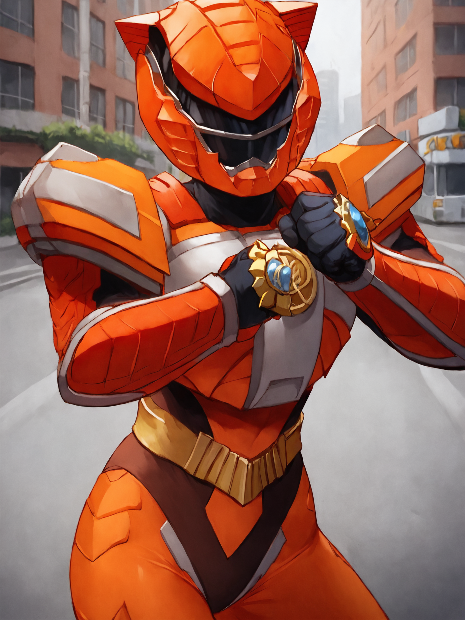 score_9, score_8_up, score_7_up, zPDXL, zPDXLpg, source_anime, <lora:offset_0.2:0.1>, <lora:spo_sdxl_10ep_4k-data_lora_webui:1>,
1girl, solo focus,
sazervisuel, orange bodysuit, brown leotard, belt, armor, gauntlets, black gloves, <lora:Sazer_Visuel:1>,
helmet, visor, wearing helmet, covered mouth, covered face, covered eyes,
cowboy shot, clenched hands, fighting stance,
outdoors, city, street