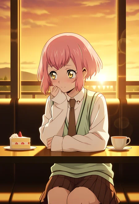 masterpiece,best quality,amazing quality,
1girl, solo,
Urara Haneyama (Cardfight Vanguard), pink hair, short hair, yellow eyes,
school uniform, brown skirt, brown necktie, white shirt, collared shirt, long sleeves, sweater vest, sleeves past wrists, pleated skirt,
shy, hands on table, H
cinematic, cup of tea, cake,
Sit, sitting, cafe, afternoon, sunset,
Lens flare, bloom,
Official style, anime screencap, anime coloring,
